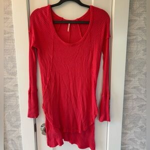 Free People Coral Poppy Red Drippy Ventura Waffle Knit Thermal Top Size XS